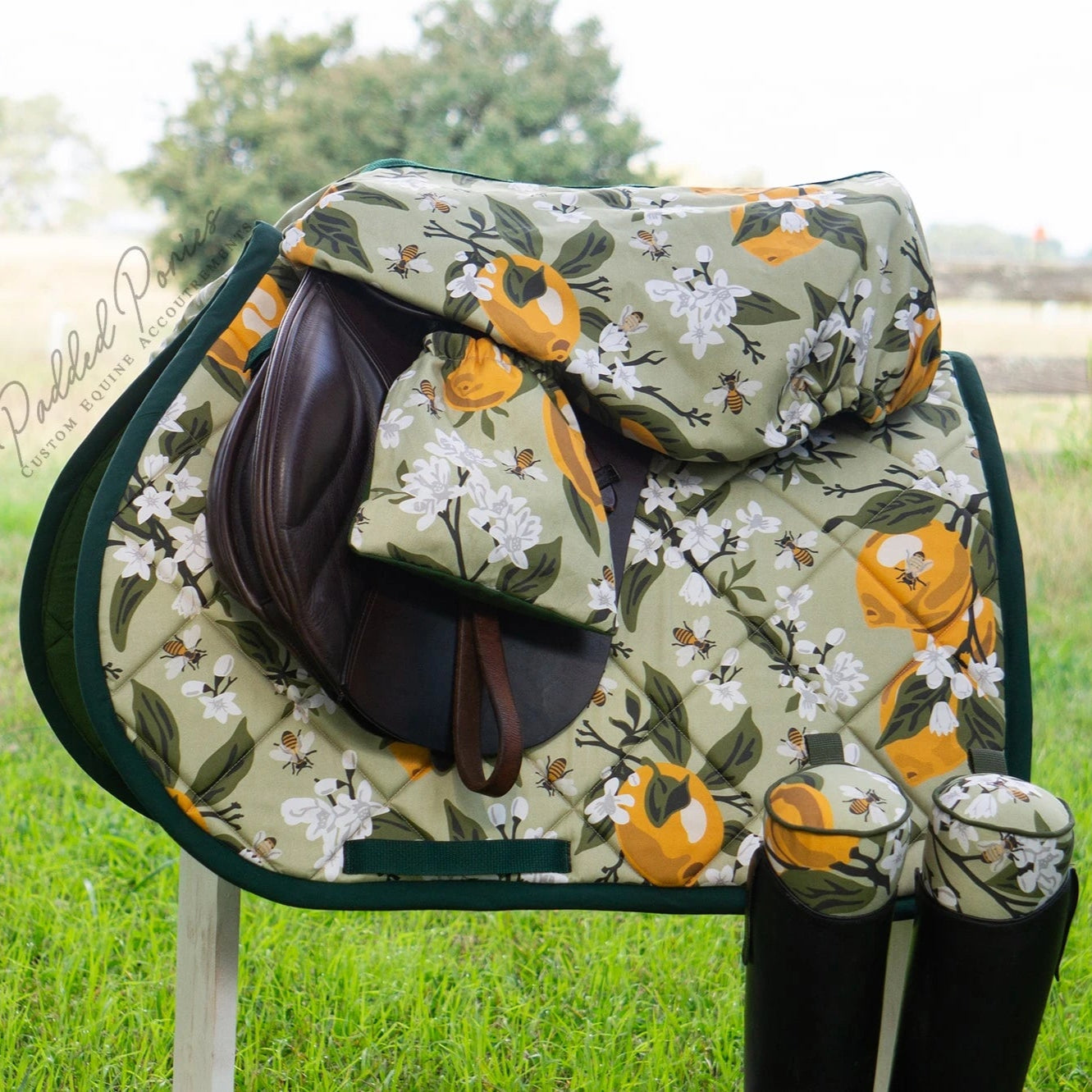 Green Lemons and Bees Floral All Purpose Saddle Pad with Matching Accessories