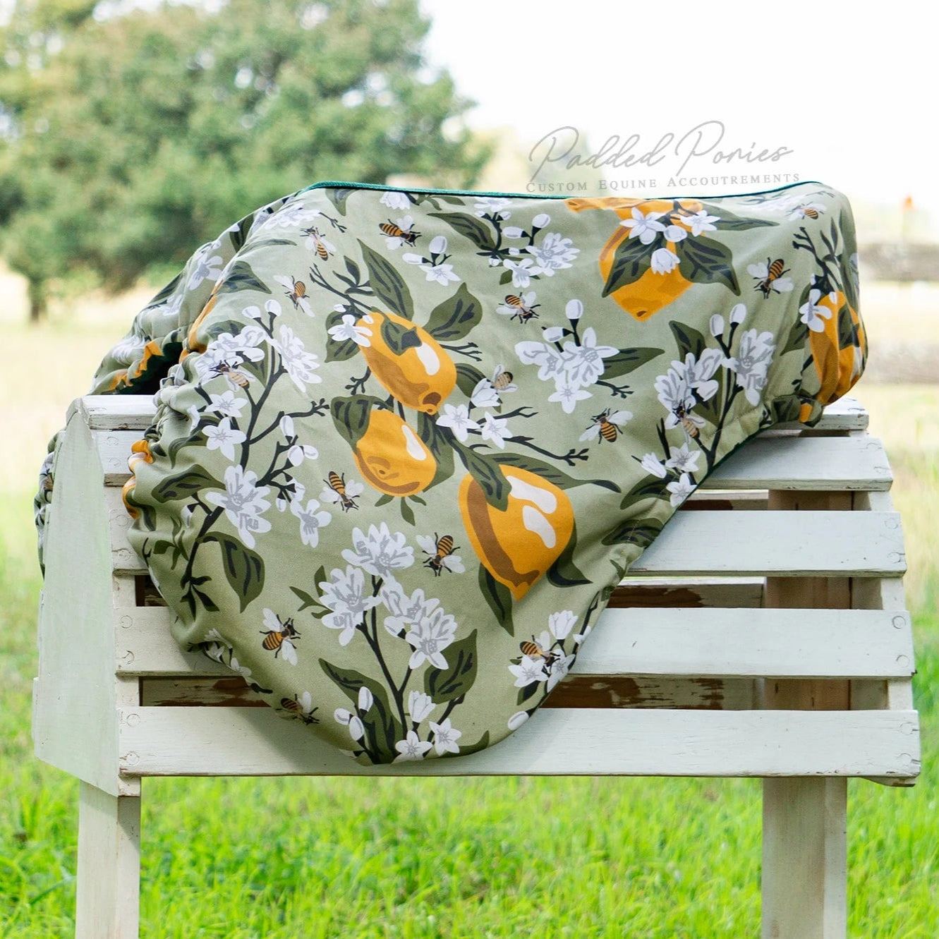 Green Lemons and Bees Floral All Purpose Saddle Cover