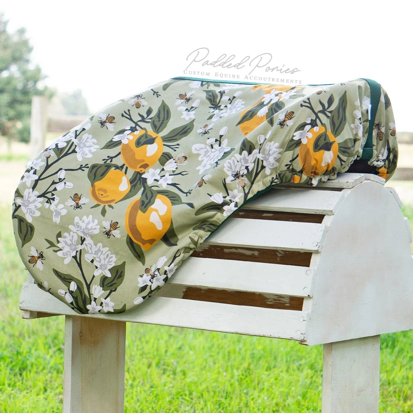 Green Lemons and Bees Floral All Purpose Saddle Cover