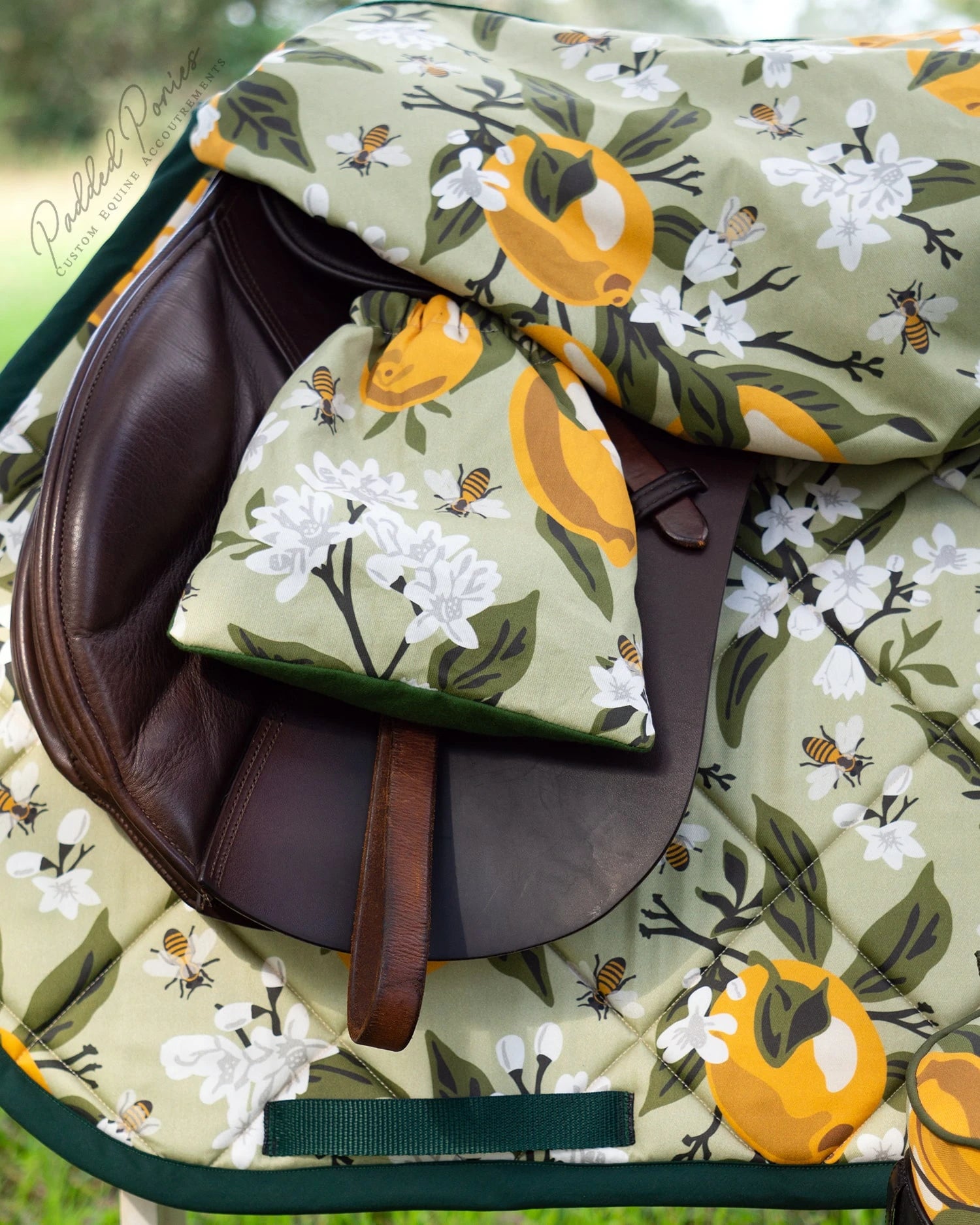 Green Lemons and Bees Floral All Purpose Saddle Cover with Matching Stirrup Covers and Saddle Pad