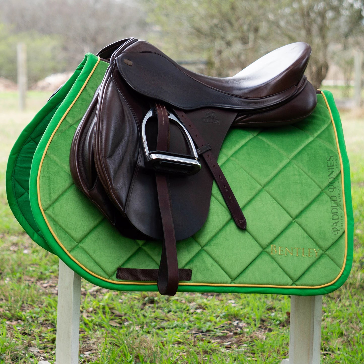 Kelly Green and Gold Luxe Velvet All Purpose Saddle Pad with Embroidery