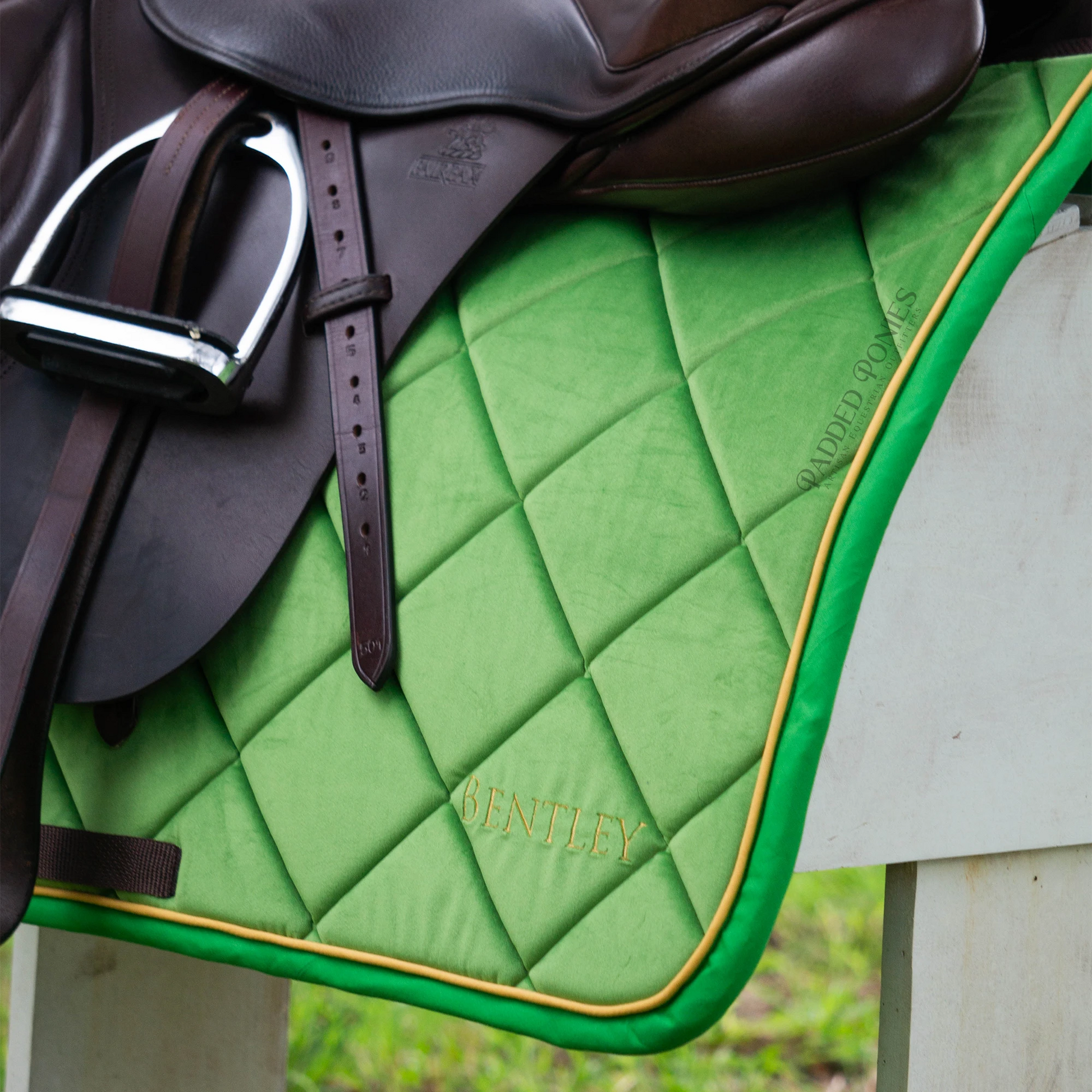 Kelly Green and Gold Luxe Velvet All Purpose Saddle Pad with Embroidery