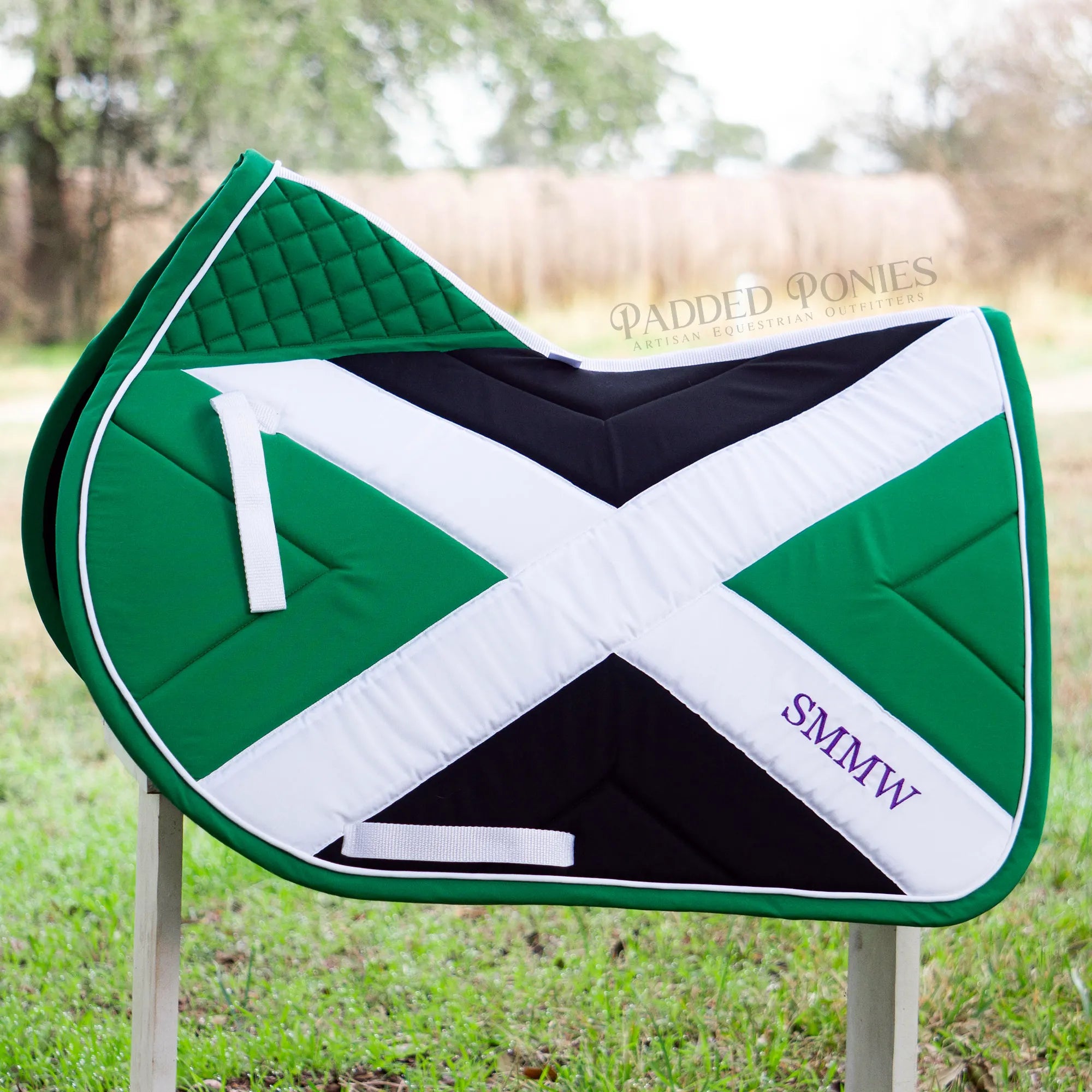 Green, Black, and White X Cross Country Eventing Jump Saddle Pad with High Wither
