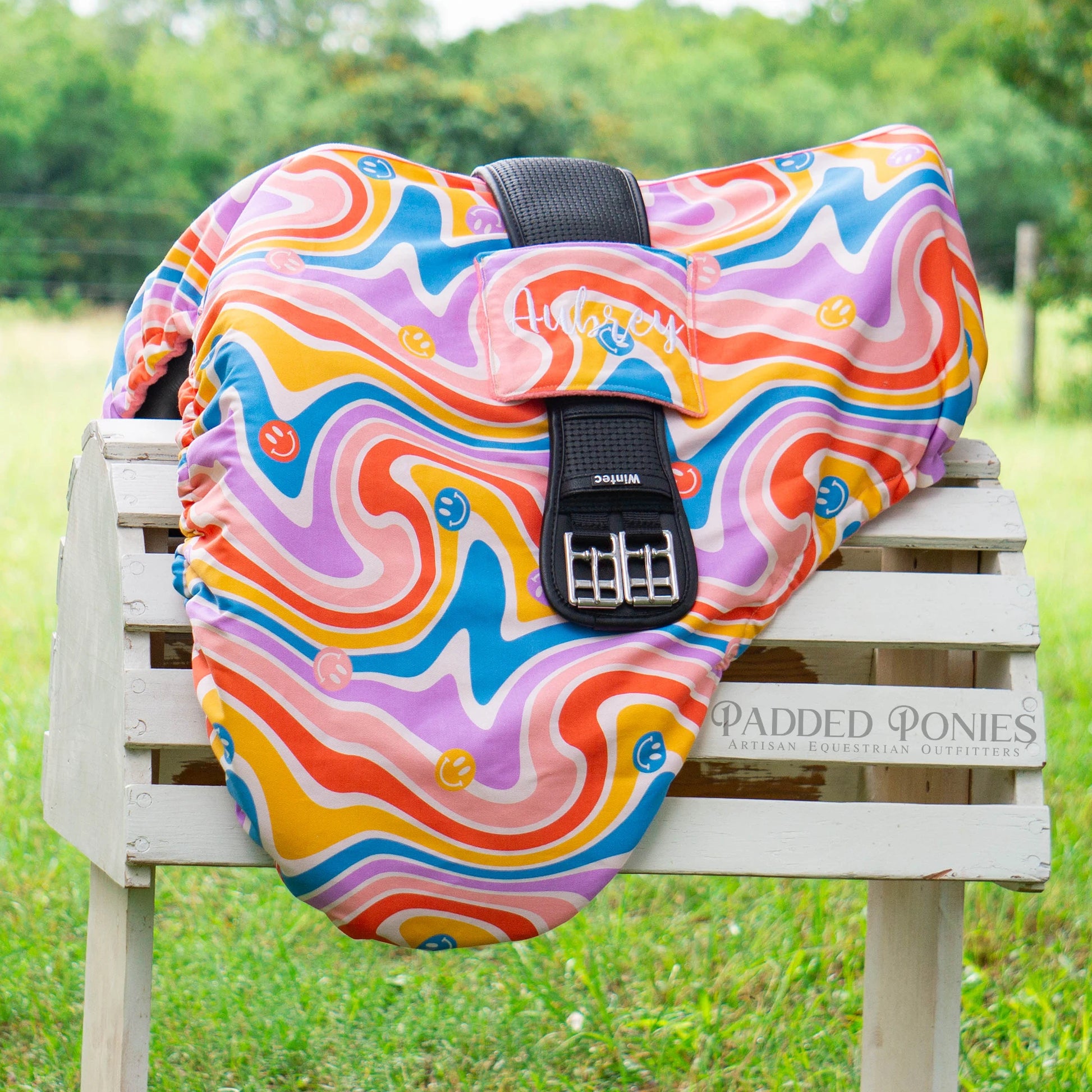 Psychedelic Swirls and Smiles Groovy Dressage Saddle Cover with Girth Pocket and Embroidery