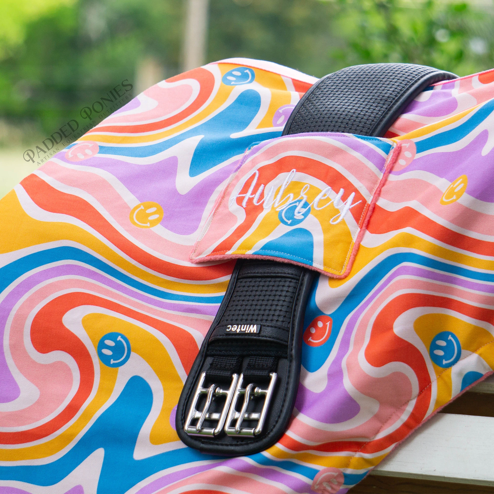 Psychedelic Swirls and Smiles Groovy Dressage Saddle Cover with Girth Pocket and Embroidery