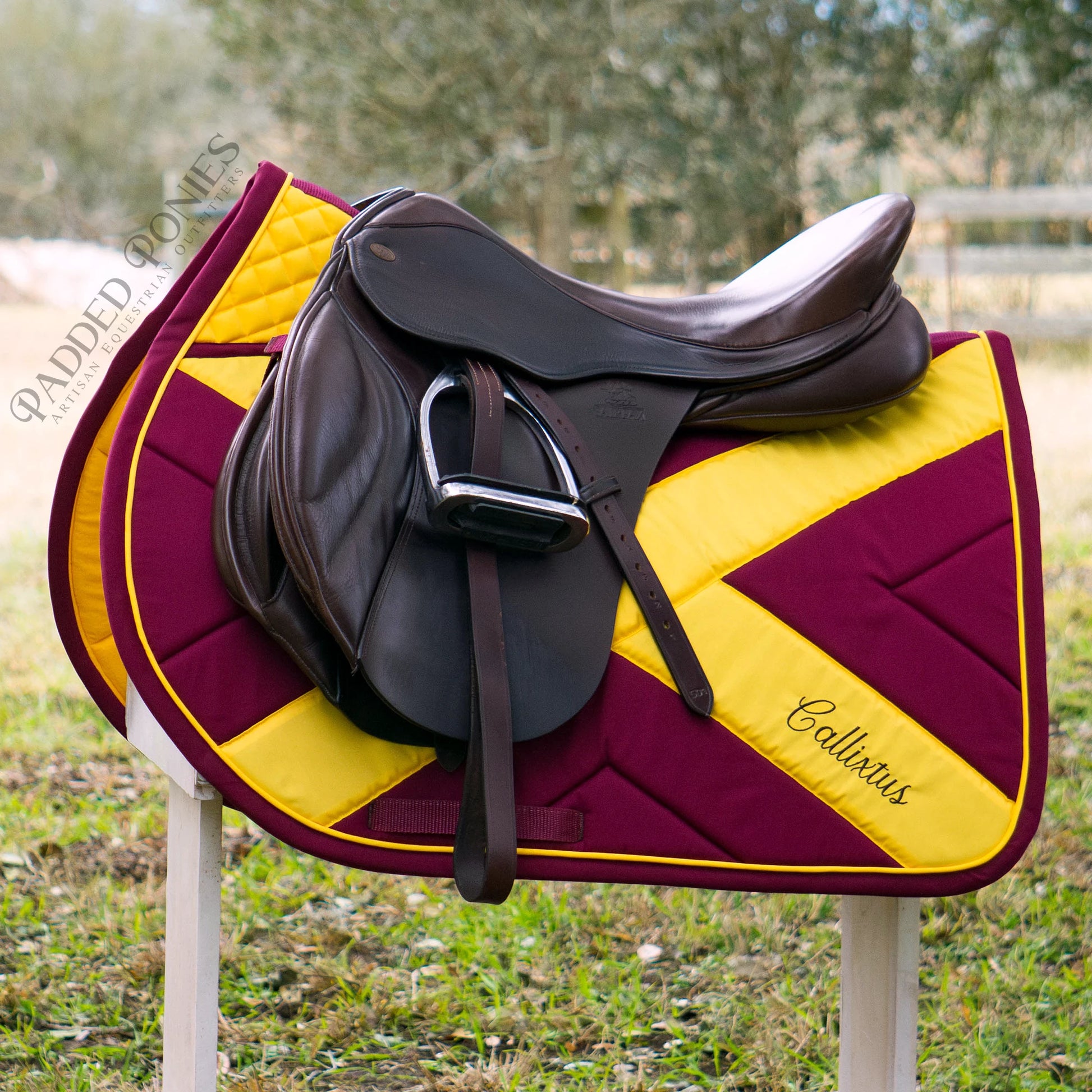 Cross Country X Burgundy and Yellow Jump Saddle Pad with High Wither and Embroidery