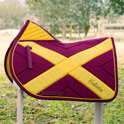 Cross Country X Burgundy and Yellow Jump Saddle Pad with High Wither and Embroidery