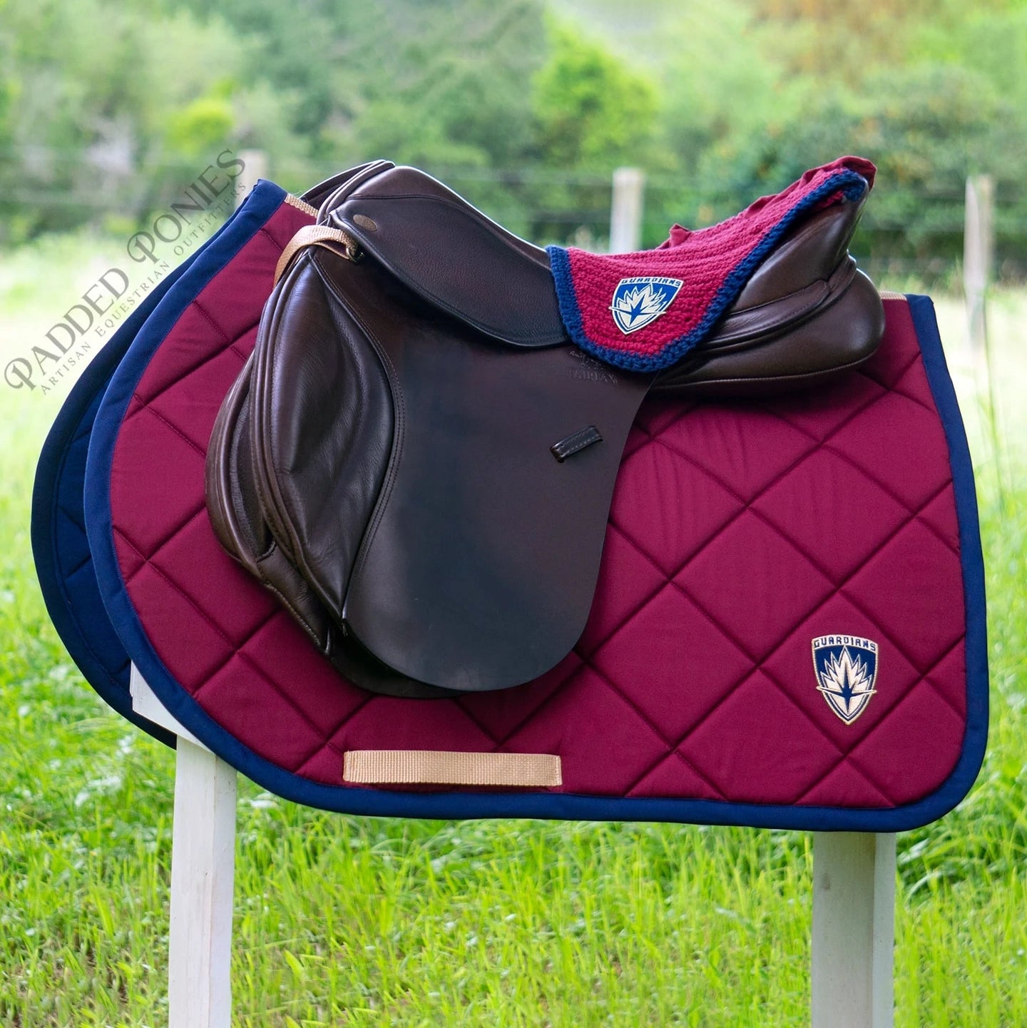 Burgundy and Navy Blue Marvel Guardians of the Galaxy Super Patch All Purpose Saddle Pad with Matching Fly Veil Bonnet