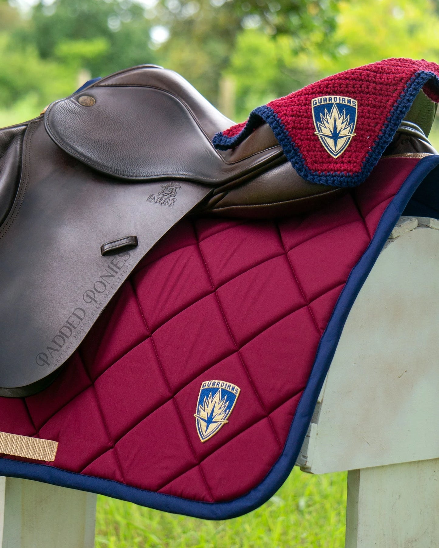 Burgundy and Navy Blue Marvel Guardians of the Galaxy Super Patch All Purpose Saddle Pad with Matching Fly Veil Bonnet