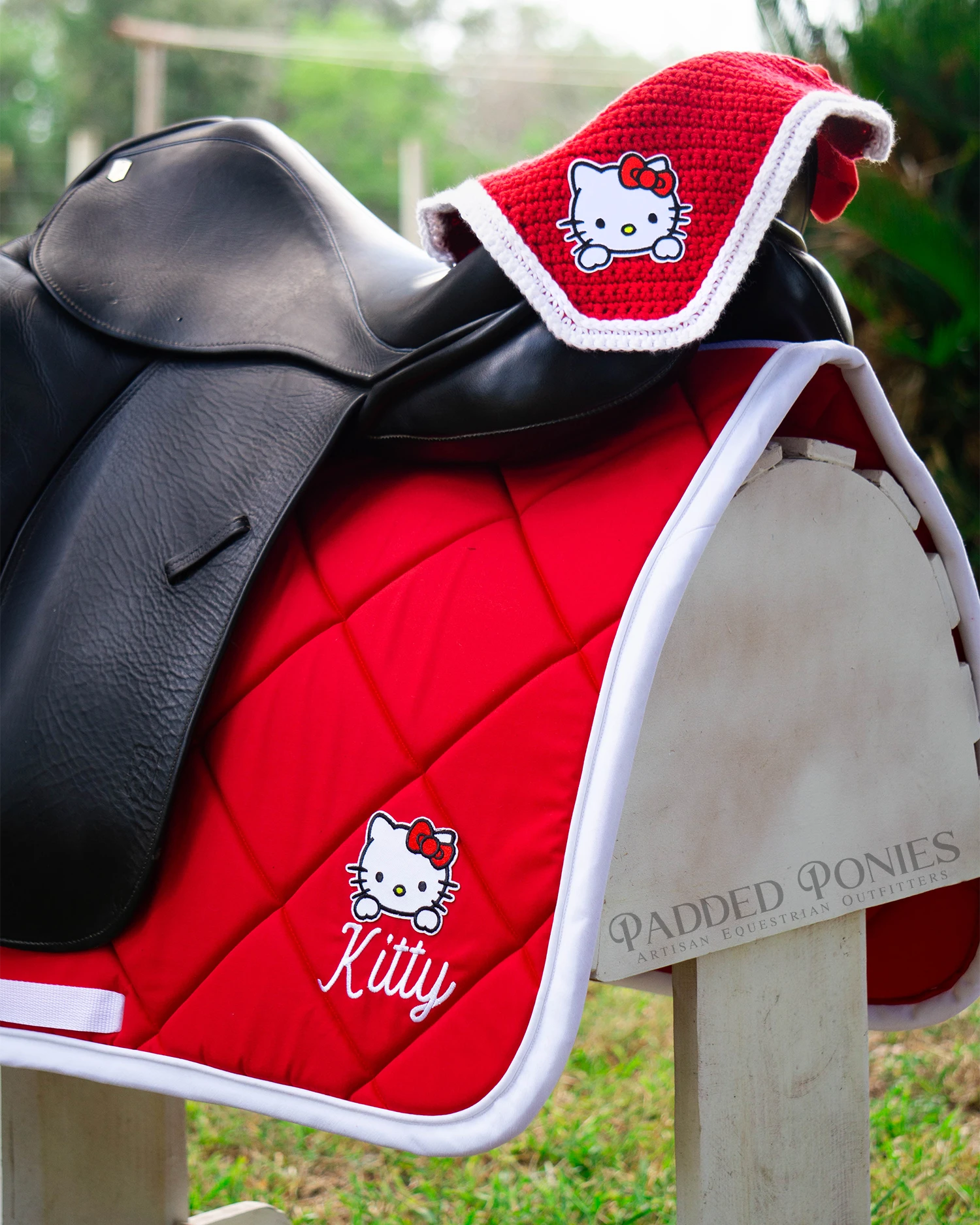 Red and White Hello Kitty Patch Fly Veil Bonnet with Matching Dressage Saddle Pad