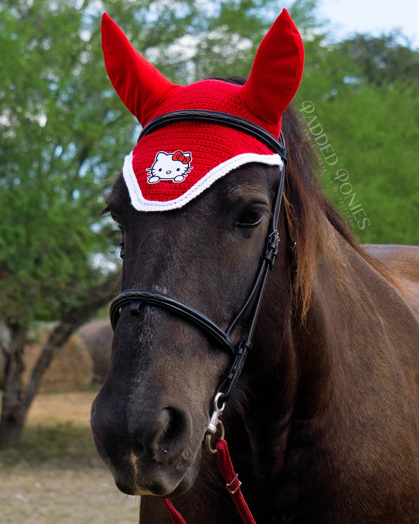 Red and White Hello Kitty Patch Fly Veil Bonnet 