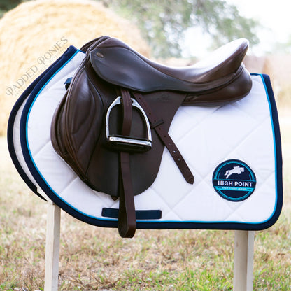 Navy Blue and White Jump Saddle Pad with Custom Barn Logo Embroidery