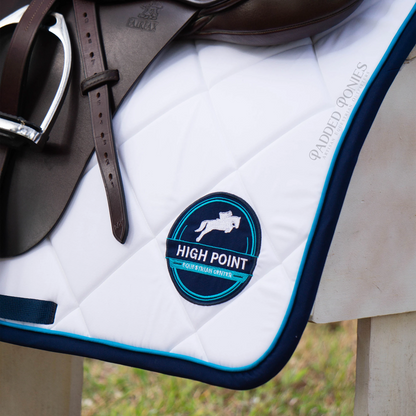 Navy Blue and White Jump Saddle Pad with Custom Barn Logo Embroidery