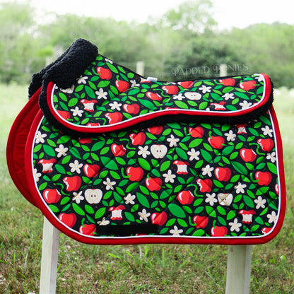 Honeycrisp Apple Red and Black Faux Fleece half Pad and Matching All Purpose Saddle Pad