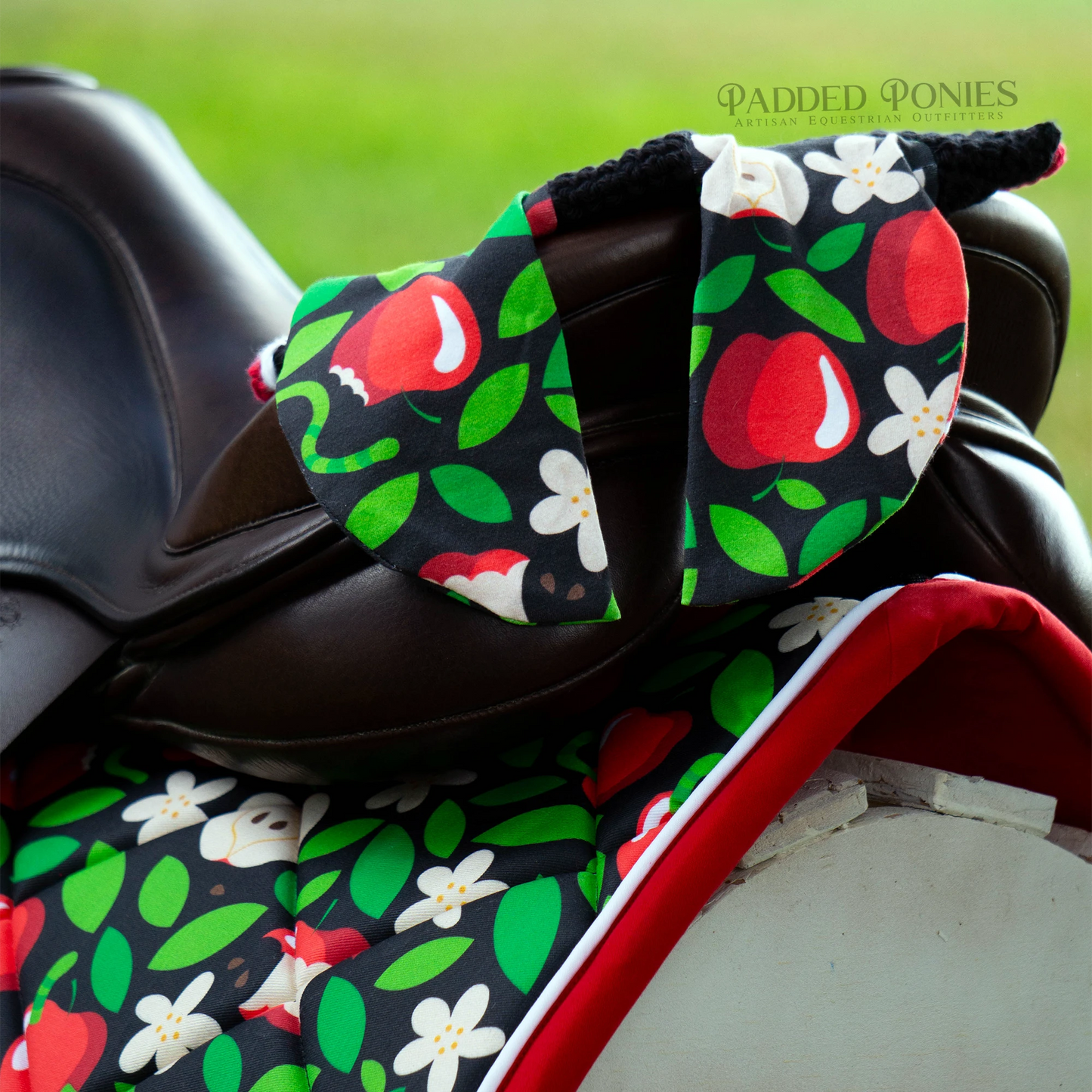 Honeycrisp Apple Red and Black Cotton Crochet Fly Veil Bonnet and Matching Saddle Pad