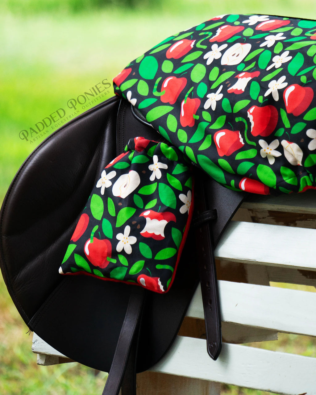 Honeycrisp Apple Red and Black Stirrup Covers with Matching Saddle Cover