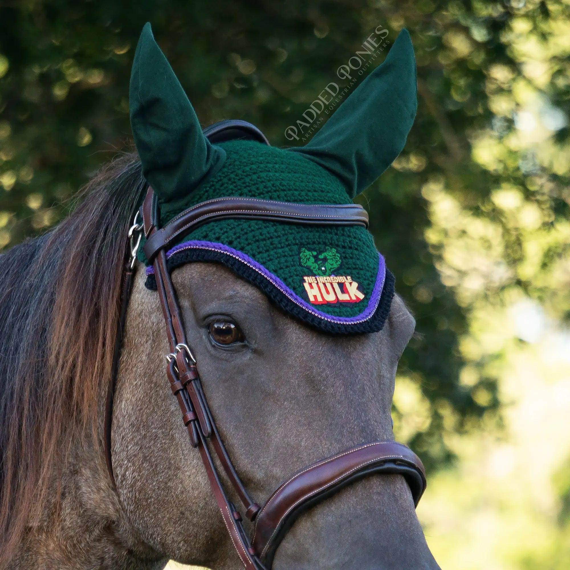 Hunter Green and Purple Marvel The Incredible Hulk Superhero Patch Rhinestone Fly Veil Bonnet