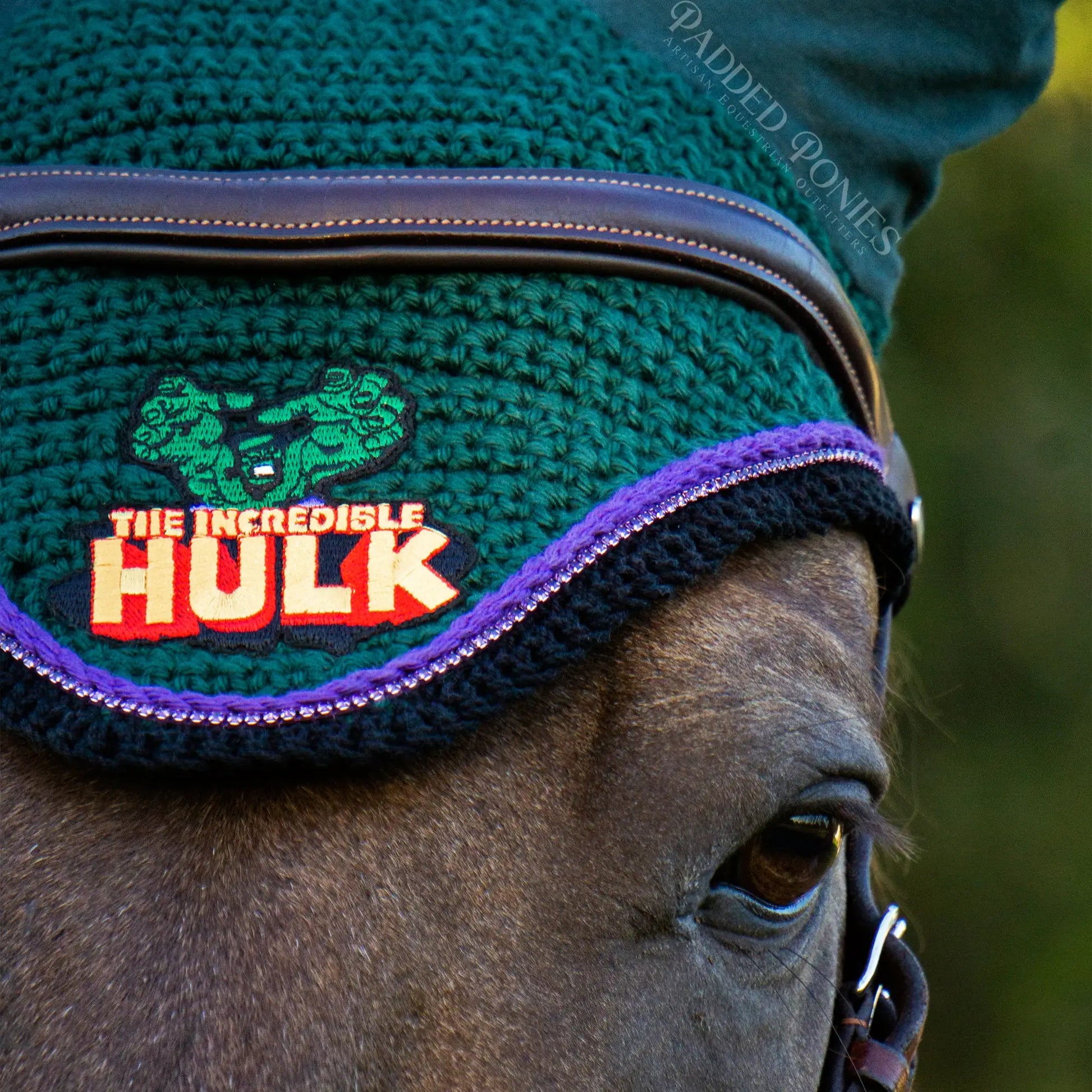 Hunter Green and Purple Marvel The Incredible Hulk Superhero Patch Rhinestone Fly Veil Bonnet