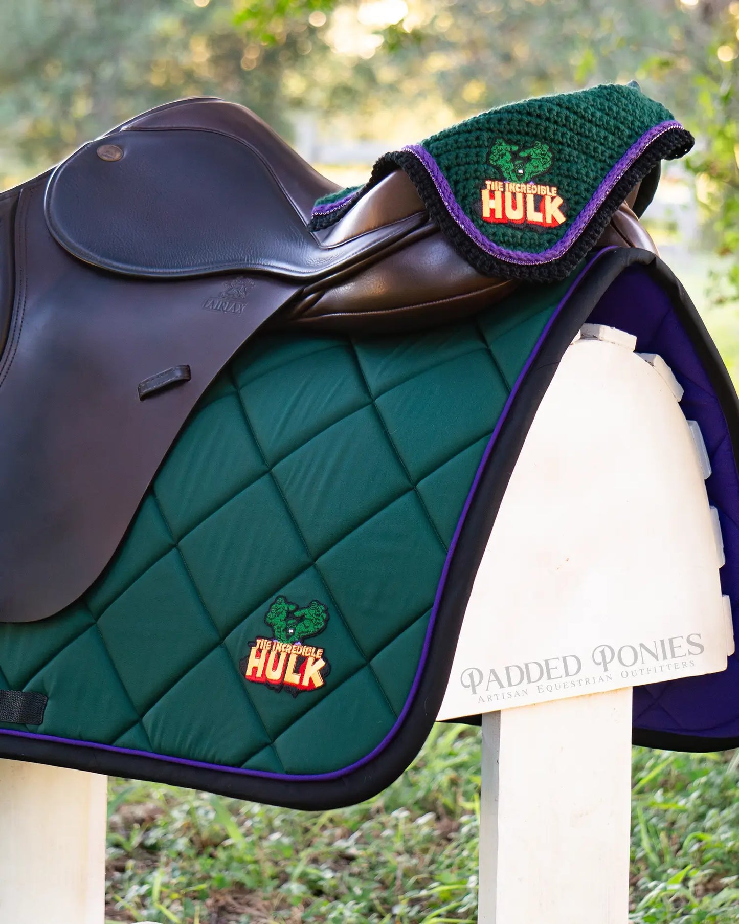 Hunter Green, Black, and Purple Incredible Hulk Marvel Patch All Purpose Saddle Pad with Matching Fly Veil Bonnet