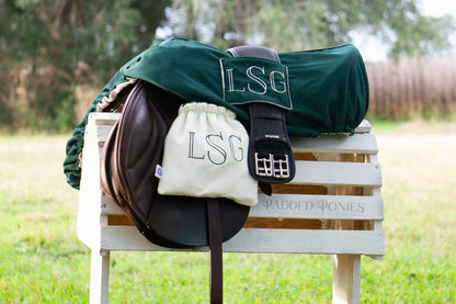Hunter Green and Ivory Saddle Cover with Girth Pocket, Monogram and Matching Stirrup Covers