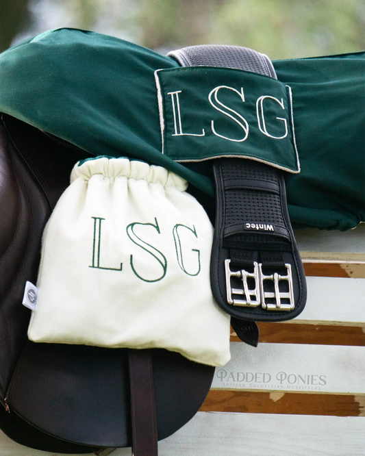 Hunter Green and Ivory Saddle Cover with Girth Pocket, Monogram, and Matching Stirrup Covers