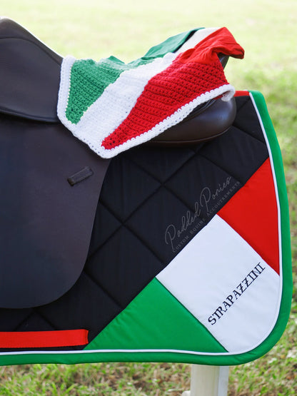 Italy Italian Corner Flag Black All Purpose Saddle Pad with Matching Fly Veil Bonnet