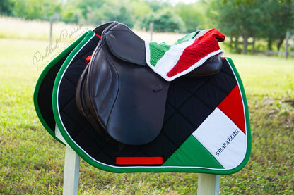 Italy Italian Corner Flag Black Jump Saddle Pad With Monogram and Matching Fly Veil Bonnet