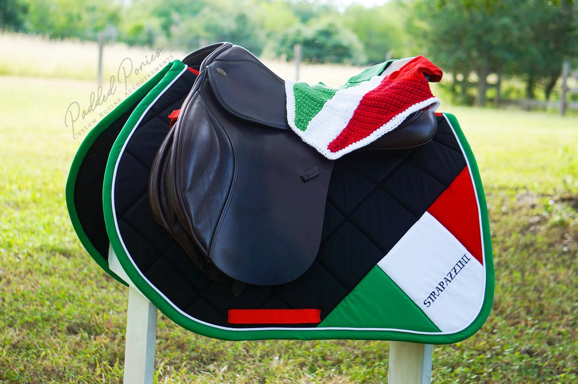 Italian Italy Flag Fly Veil Bonnet with Matching Monogrammed Saddle Pad