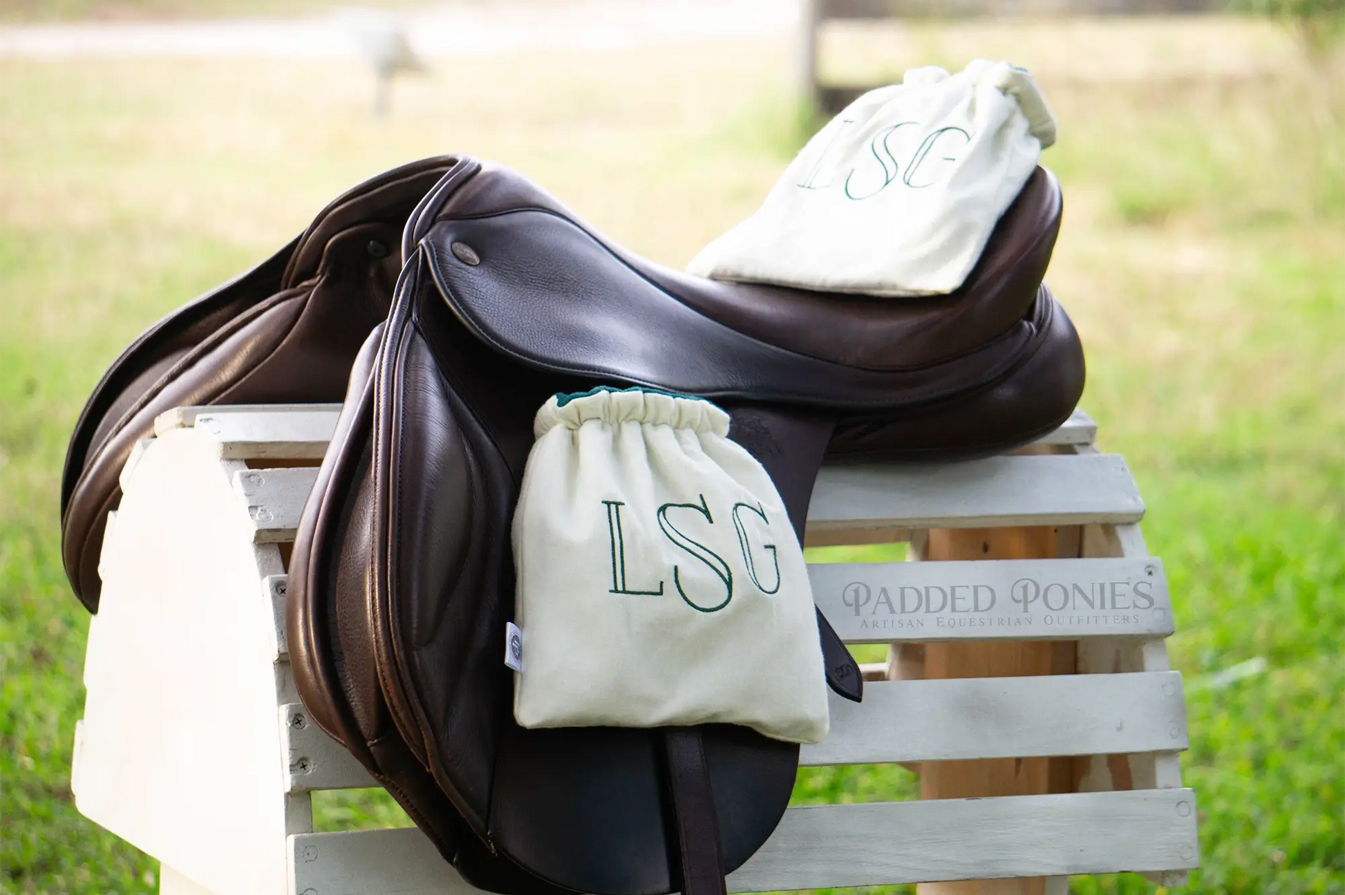 Ivory and Hunter Green Monogrammed Stirrup Covers