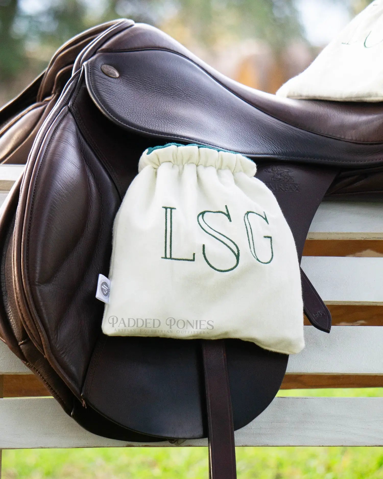 Ivory and Hunter Green Monogrammed Stirrup Covers