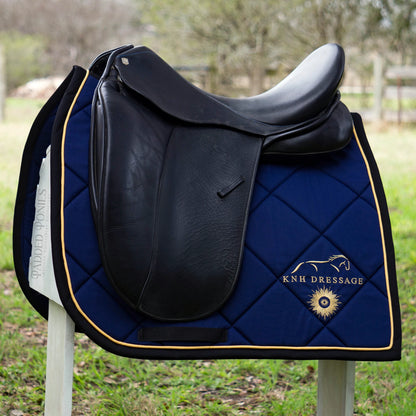 Navy Blue, Gold, and Black Custom Barn Logo Embroidery Dressage Saddle Pad