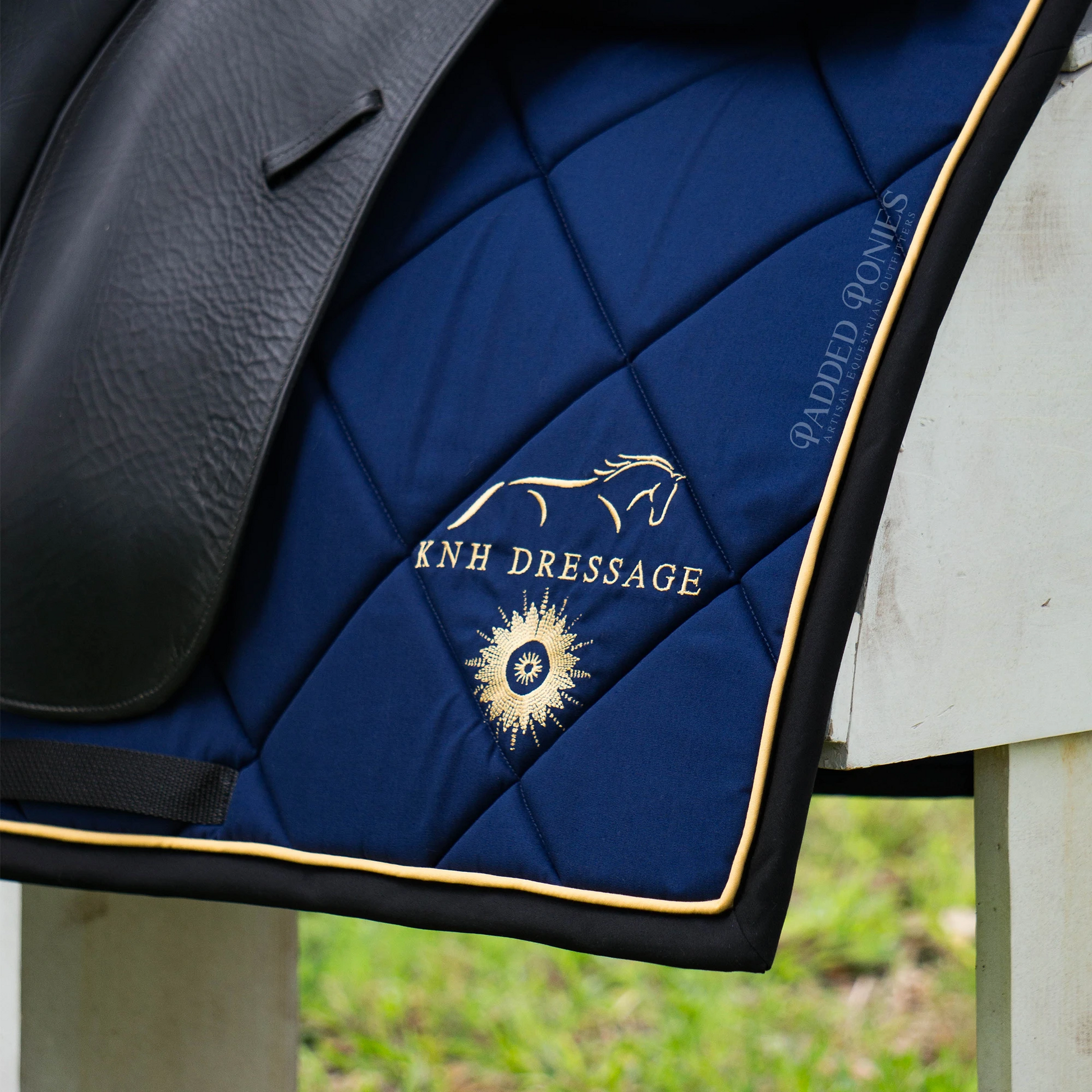 Navy Blue, Gold, and Black Custom Barn Logo Embroidery Dressage Saddle Pad