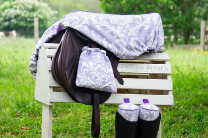 Lavender Damask Floral All Purpose Saddle Cover with Matching Stirrup Covers and Boot Trees