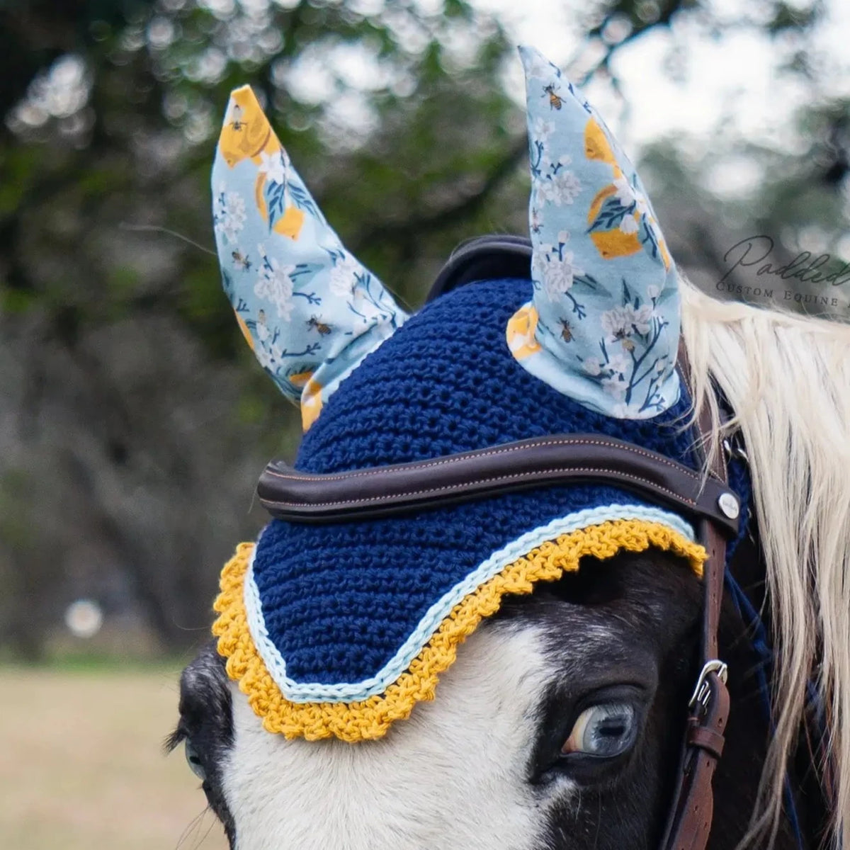 Navy Blue and Light Blue Lemons and Bees Floral Fly Veil Bonnet