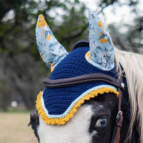 Navy Blue and Light Blue Lemons and Bees Floral Fly Veil Bonnet