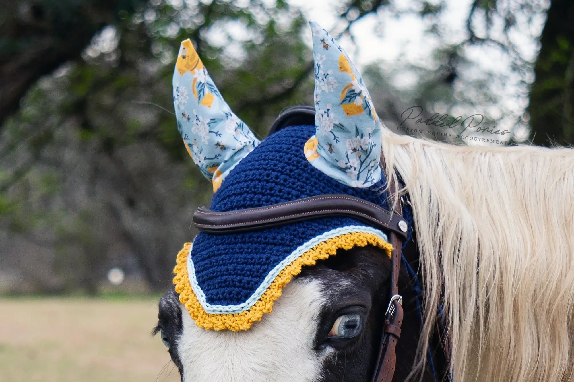 Navy Blue and Light Blue Lemons and Bees Floral Fly Veil Bonnet
