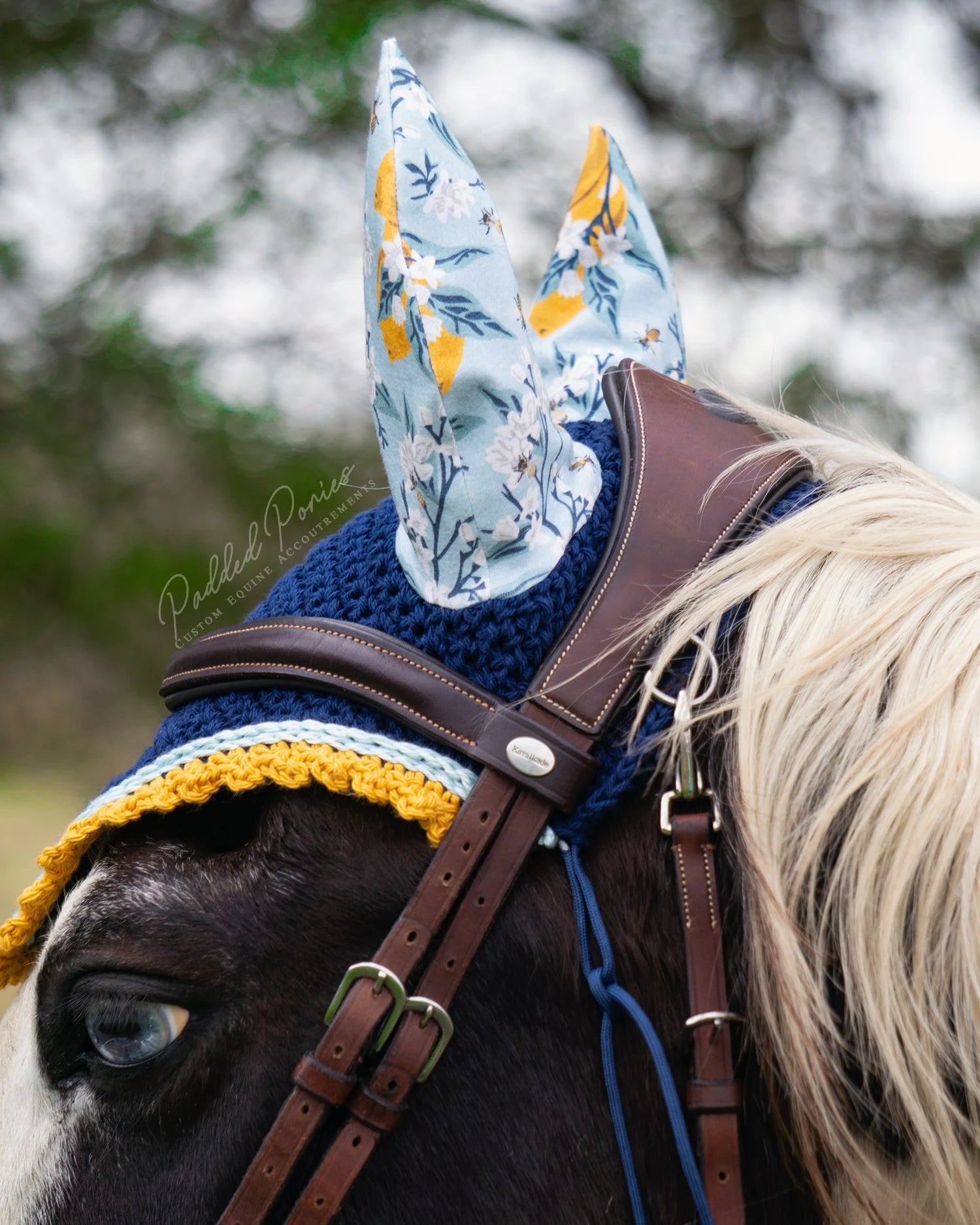 Navy Blue and Light Blue Lemons and Bees Floral Fly Veil Bonnet
