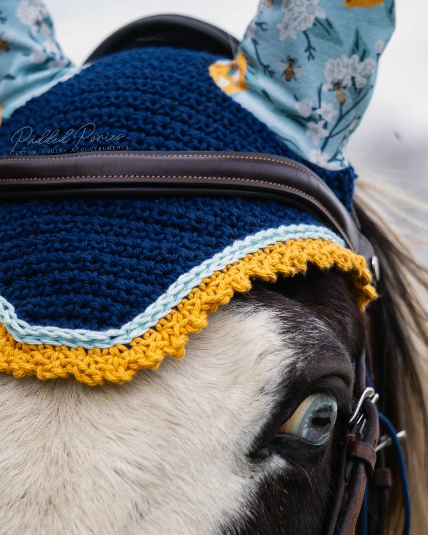 Navy Blue and Light Blue Lemons and Bees Floral Fly Veil Bonnet