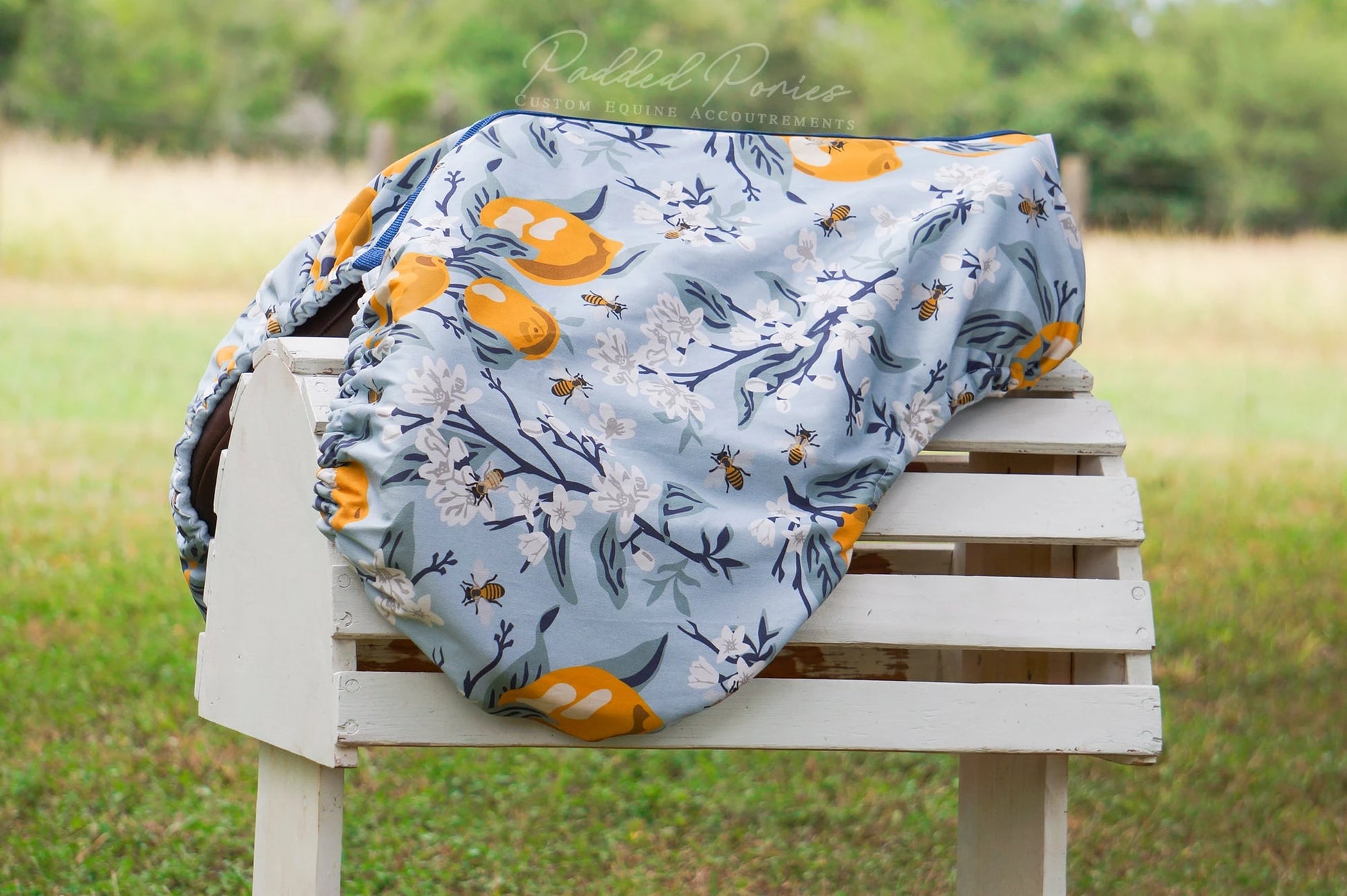 Light Blue Lemons and Bees Floral All Purpose Saddle Cover