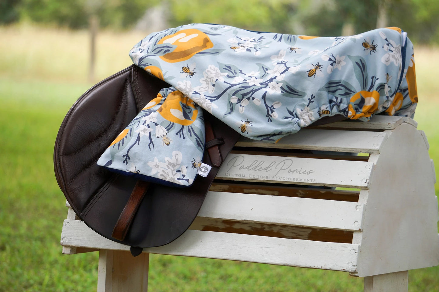 Light Blue Lemons and Bees Floral All Purpose Saddle Cover with Matching Stirrup Covers
