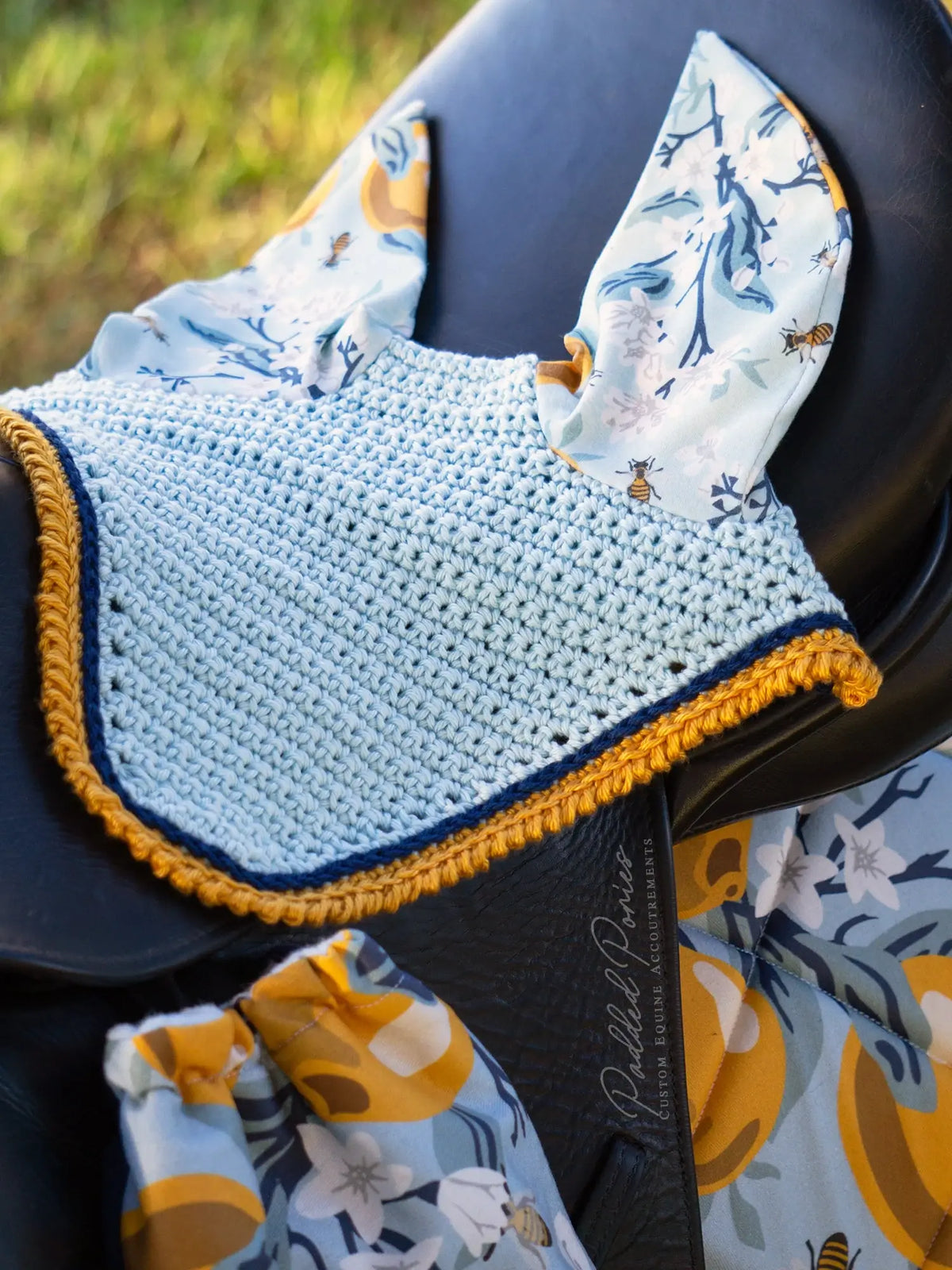 Yellow Light Blue Lemons and Bees Floral Fly Veil Bonnet
