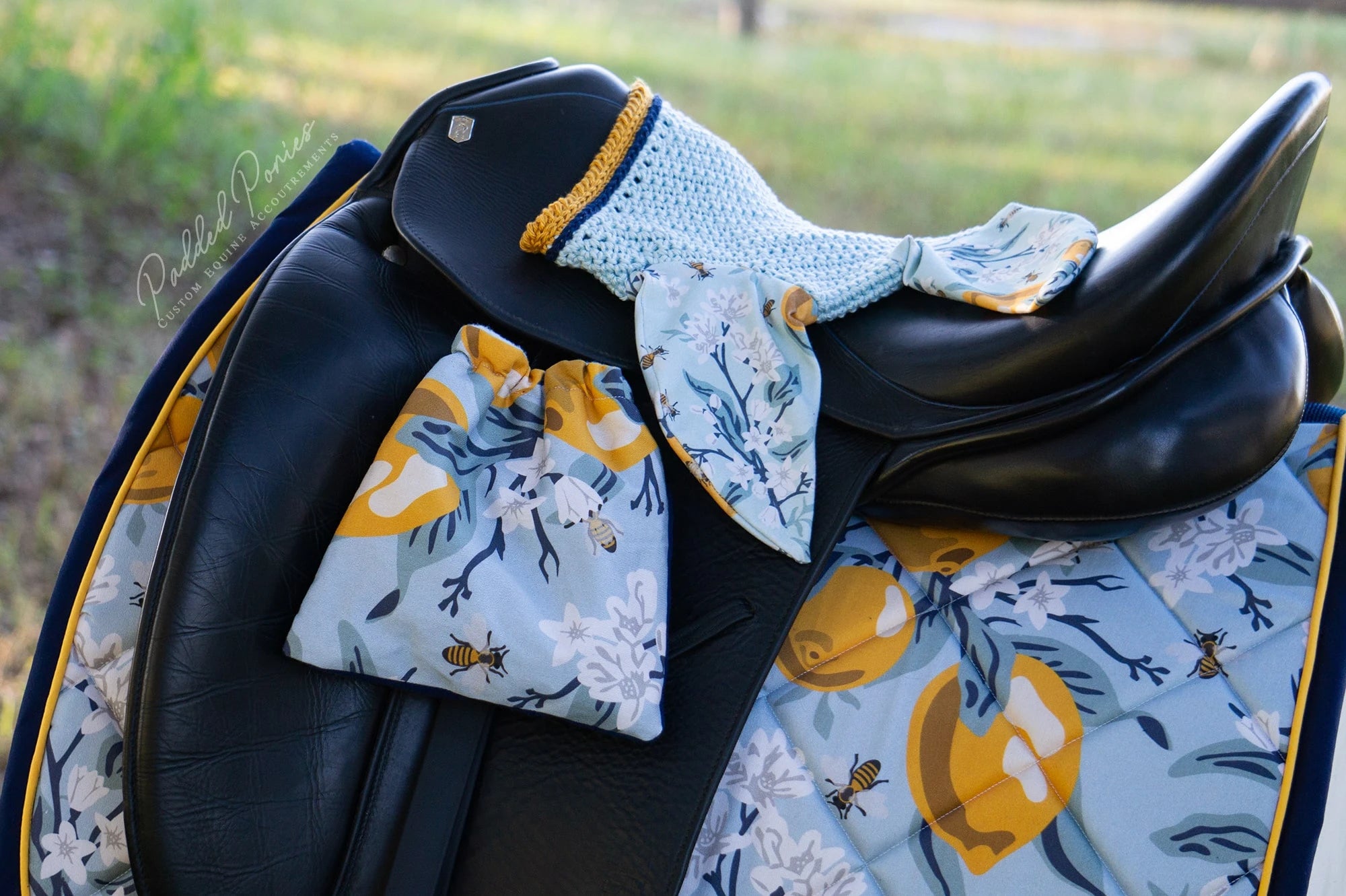 Blue and Navy Lemons and Bees Floral Dressage Saddle Pad with Matching Fly Veil Bonnet and Stirrup Covers