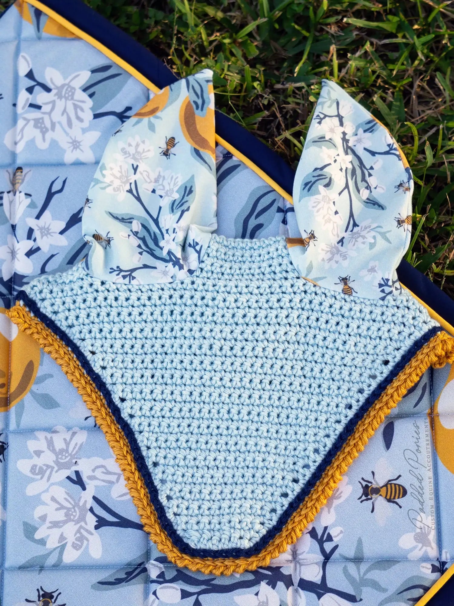 Yellow and Light Blue Lemons and Bees Floral Fly Veil Bonnet and Matching Saddle Pad