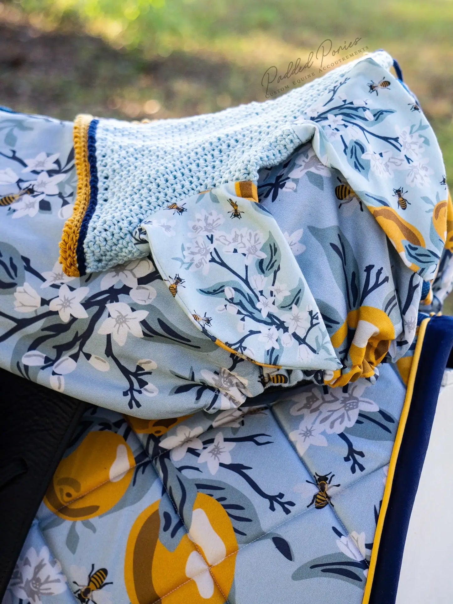 Light Blue Lemons and Bees Floral Dressage Saddle Cover with Matching Fly Veil Bonnet and Saddle Pad
