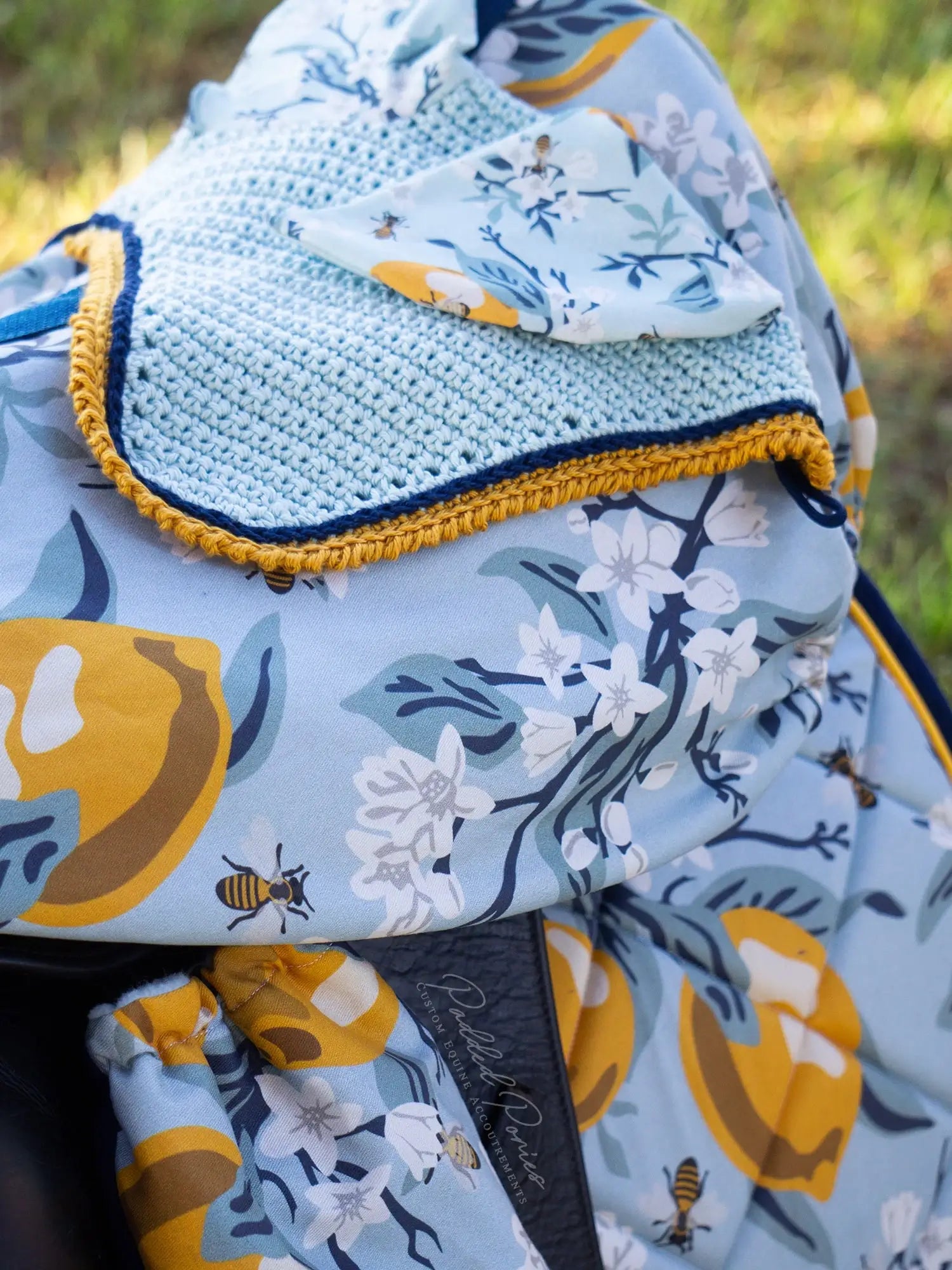Yellow and Light Blue Lemons and Bees Floral Fly Veil Bonnet With Matching Accessories