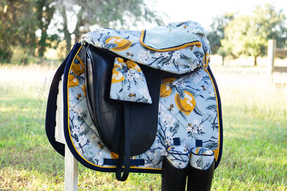 Light Blue Lemons and Bees Floral Dressage Saddle Cover with Matching Set