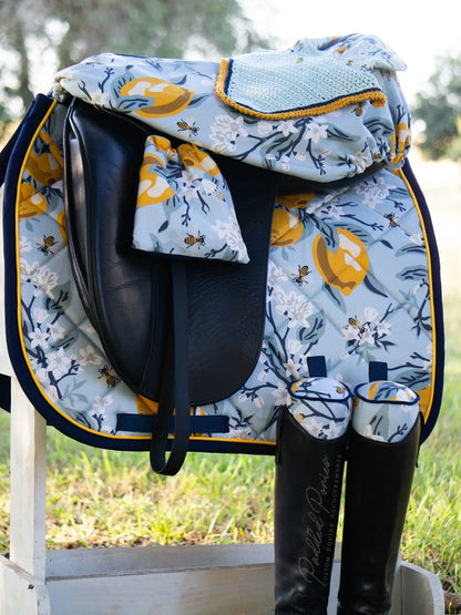 Blue and Navy Lemons and Bees Floral Dressage Saddle Pad with Matching Accessories 