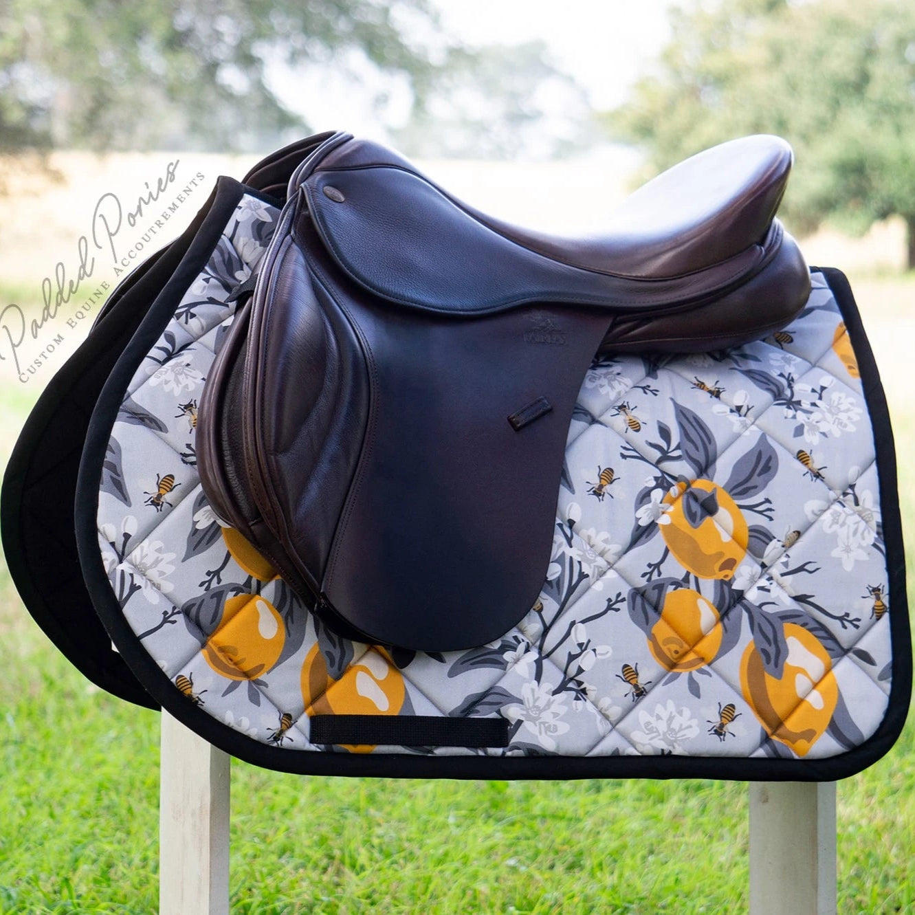 Gray and Black Lemons and Bees Floral All Purpose Saddle Pad