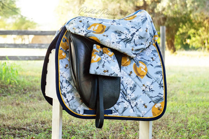 Blue and Navy Lemons and Bees Floral Dressage Saddle Pad with Matching Saddle Cover and Stirrup Covers