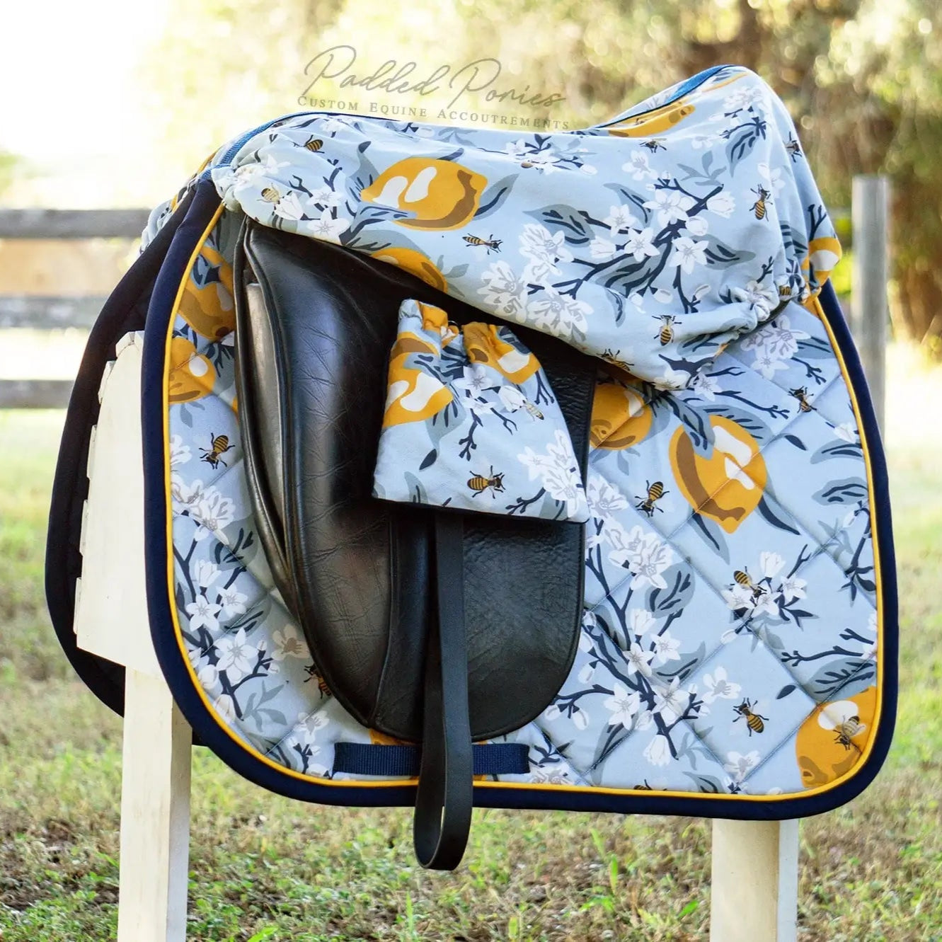 Blue and Navy Lemons and Bees Floral Dressage Saddle Pad with Matching Saddle Cover and Stirrup Covers